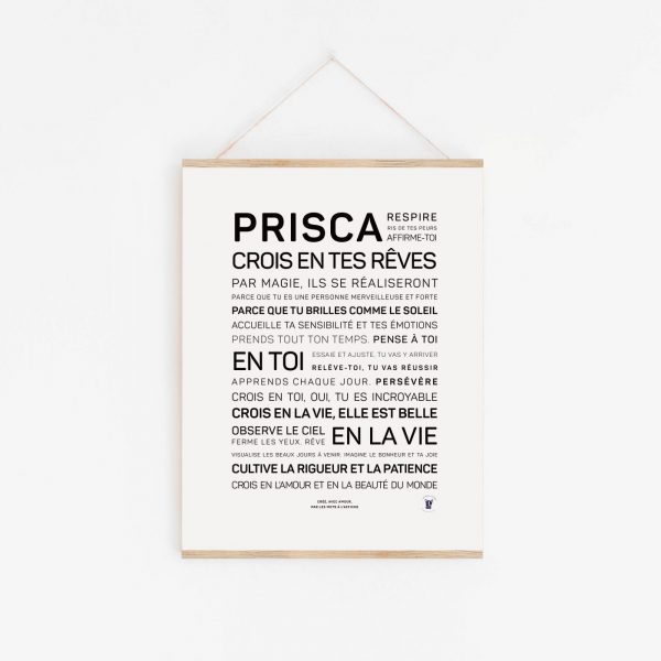 Une affiche en noir et blanc avec les mots Prisca, crois en tes rêves, une parfaite idée cadeau littéraire.