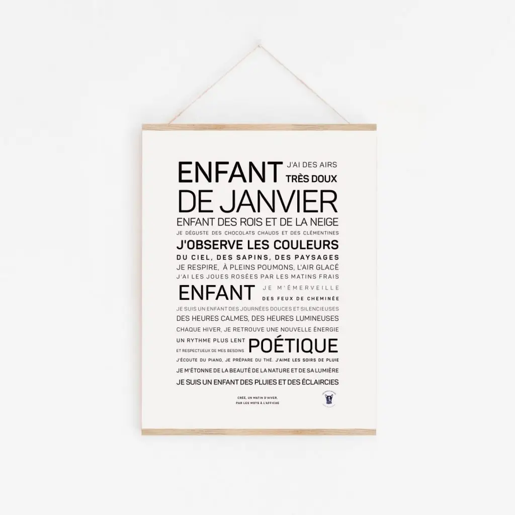 Une affiche poétique Enfant de janvier en noir et blanc.
