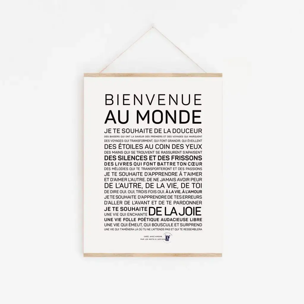 Une affiche littéraire Bienvenue au monde en noir et blanc.