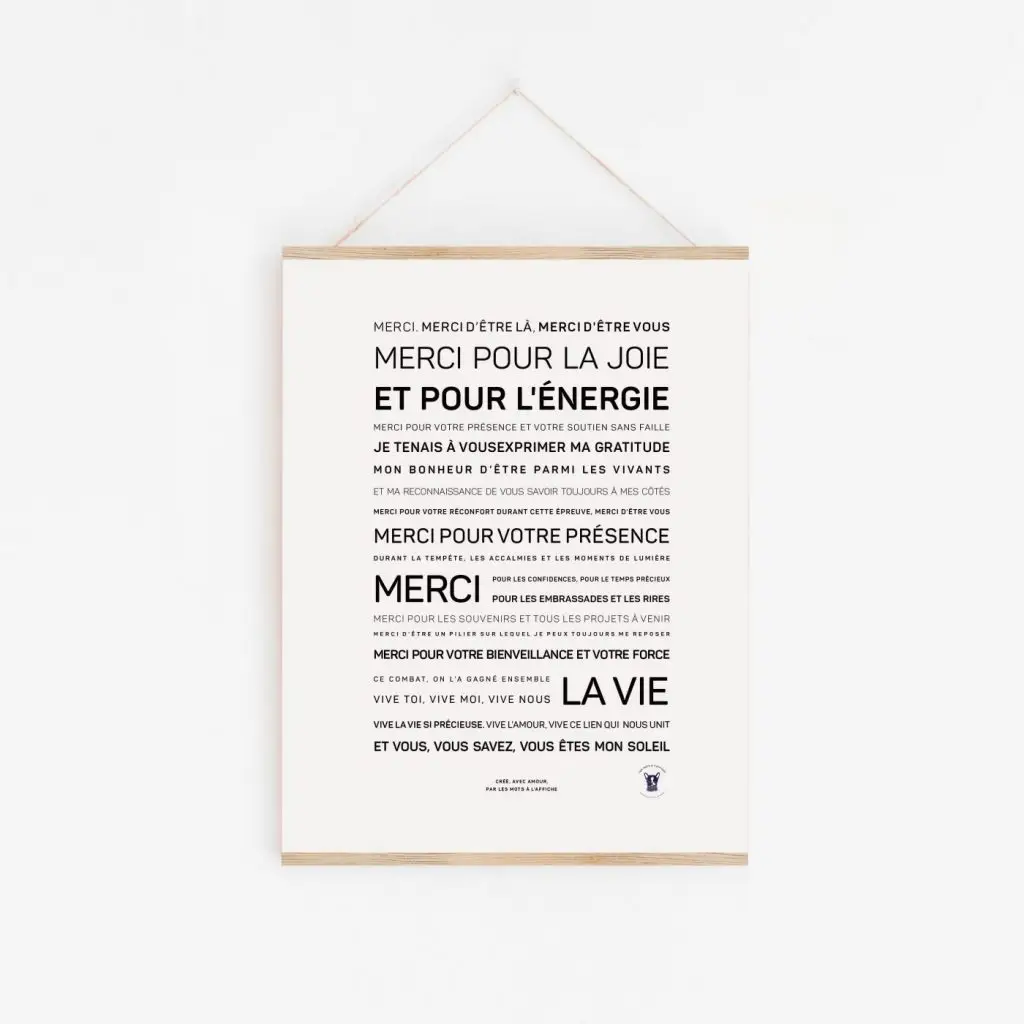 Une affiche avec les mots Merci la vie, merci la joie (vouvoiement), une idée cadeau littéraire, accrochée au mur.