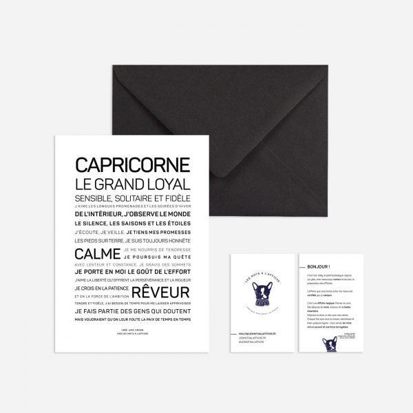 Une idée cadeau littéraire : une carte et enveloppe avec le mot Capricorne.