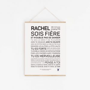 Une idée cadeau littéraire: une affiche avec les mots "Rachel, sois fière".