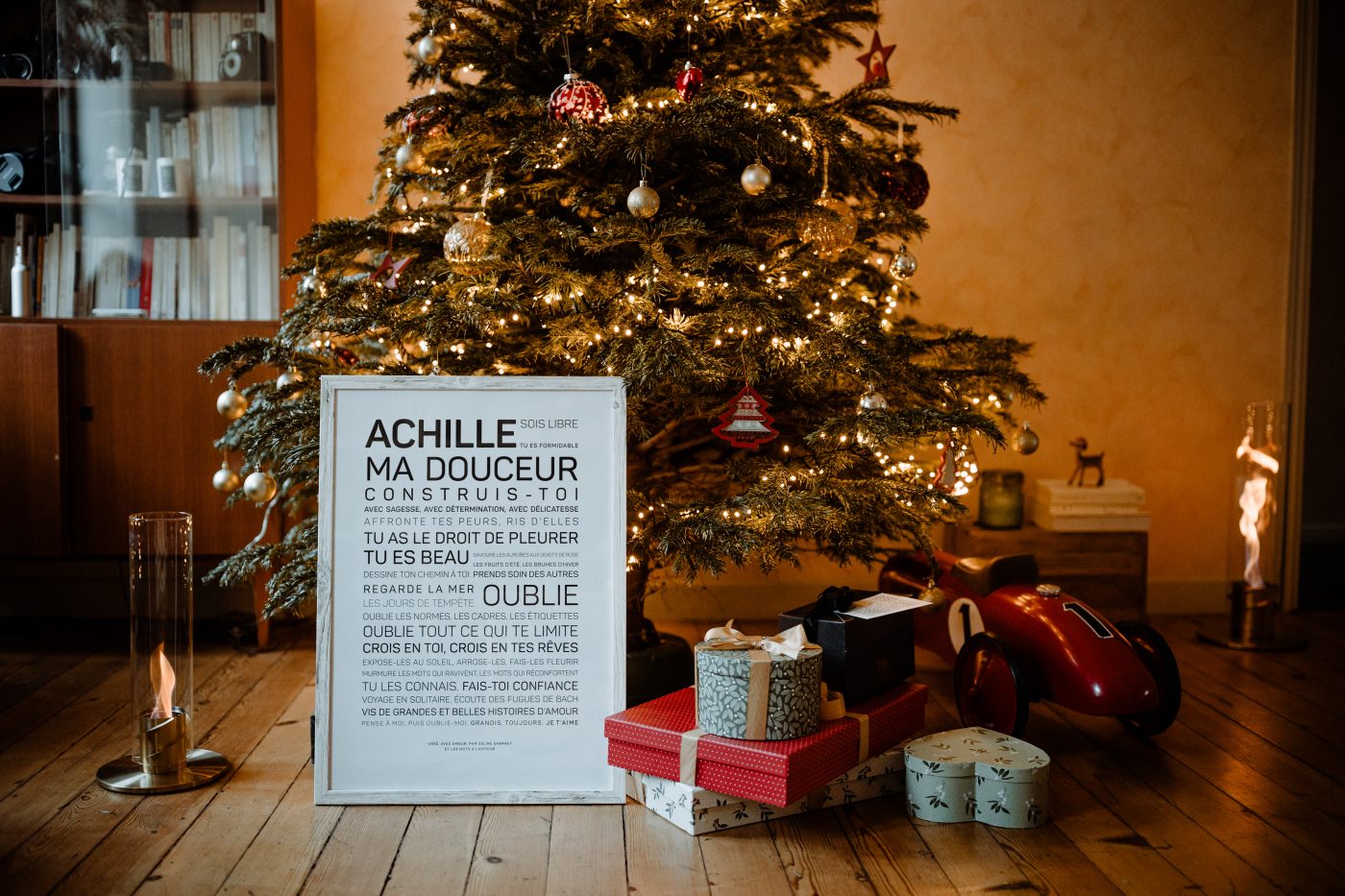 Un sapin de Noël avec une pancarte « idée cadeau littéraire » devant.