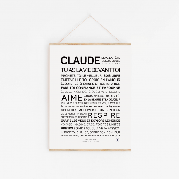 Une affiche en noir et blanc avec les mots "Claude, la vie devant toi", une idée cadeau inspirante.