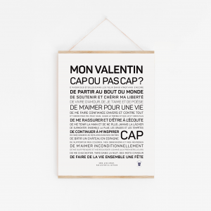 Une affiche inspirante en noir et blanc avec les mots "Mon Valentin, cap ou pas cap ?".