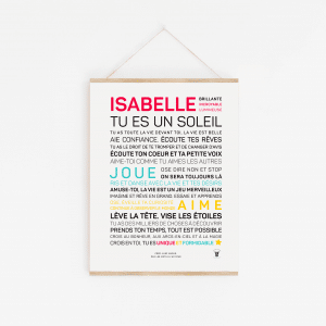 Une affiche avec les mots "Isabelle, tu es un soleil" - une idée cadeau inspirante.