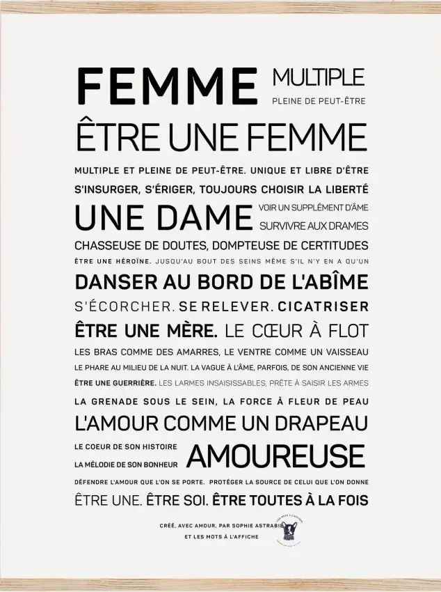 Affiche féministe noir et blanc avec les mots « femme ».