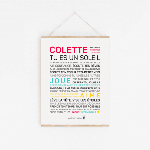 Une affiche avec les mots d'idée cadeau inspirants Colette, tu es un soleil.