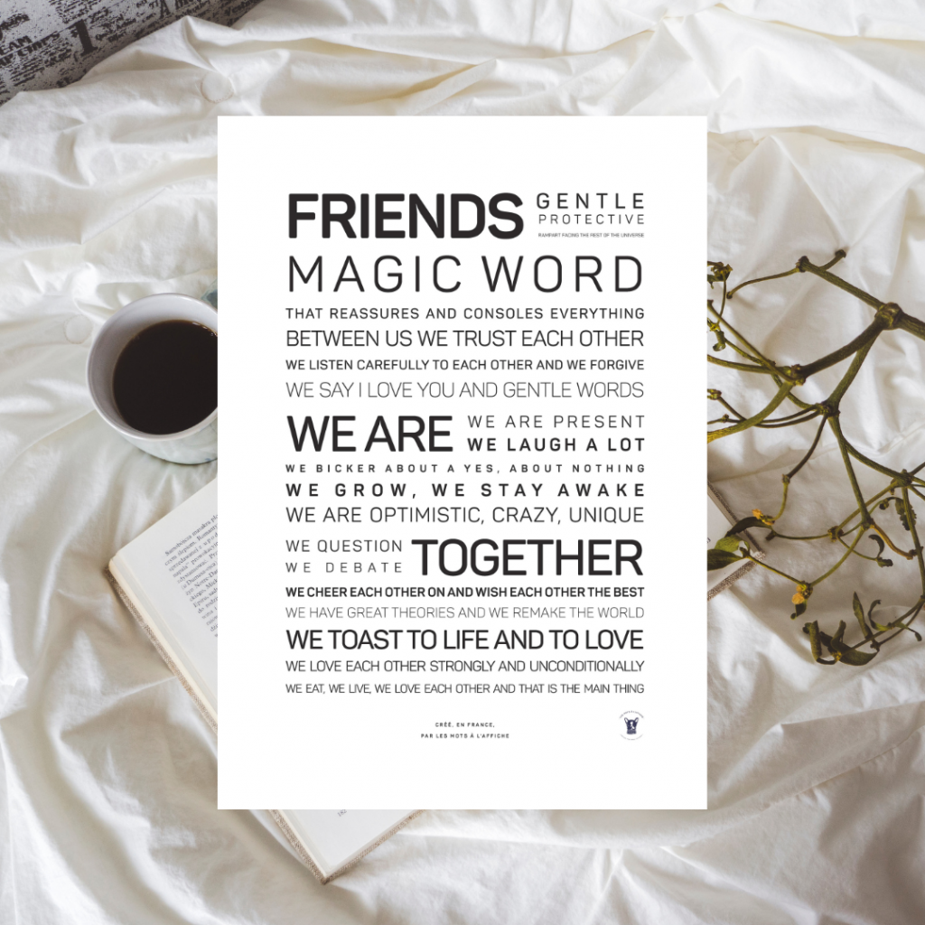 Une affiche déco avec un texte en anglais sur l'amitié