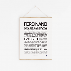 Une affiche de motivation en français avec des phrases comme « Ferdinand, fais-toi confiance » (faites-vous confiance), « Évade-toi » (évasion) et « Respire » (respirer), encourageant la confiance en soi, le pardon et la relaxation.