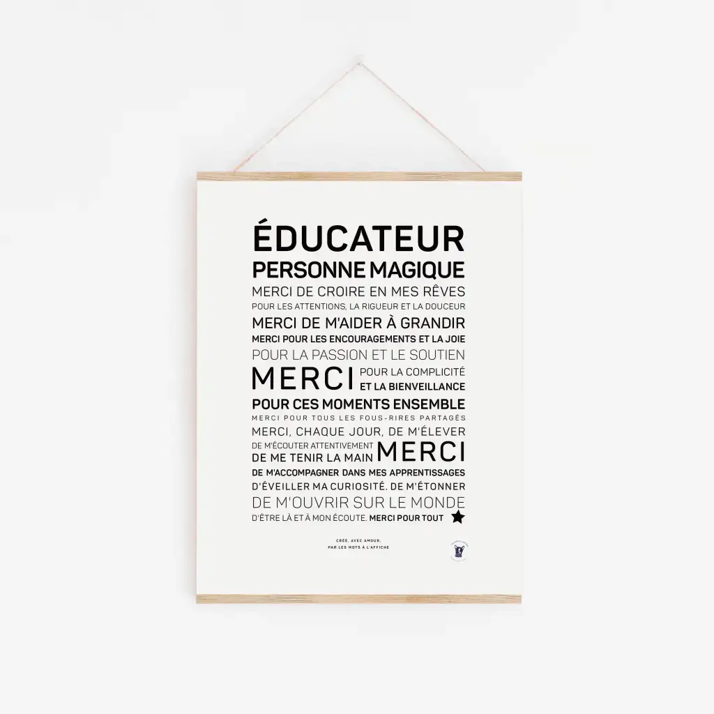 Une affiche intitulée « Éducateur, personne magique » présente un texte en français remerciant les enseignants pour leurs conseils et leur inspiration, le tout dans une mise en page créative et des polices variées. Une idée cadeau attentionnée pour exprimer notre profonde gratitude à ceux qui nous inspirent.
