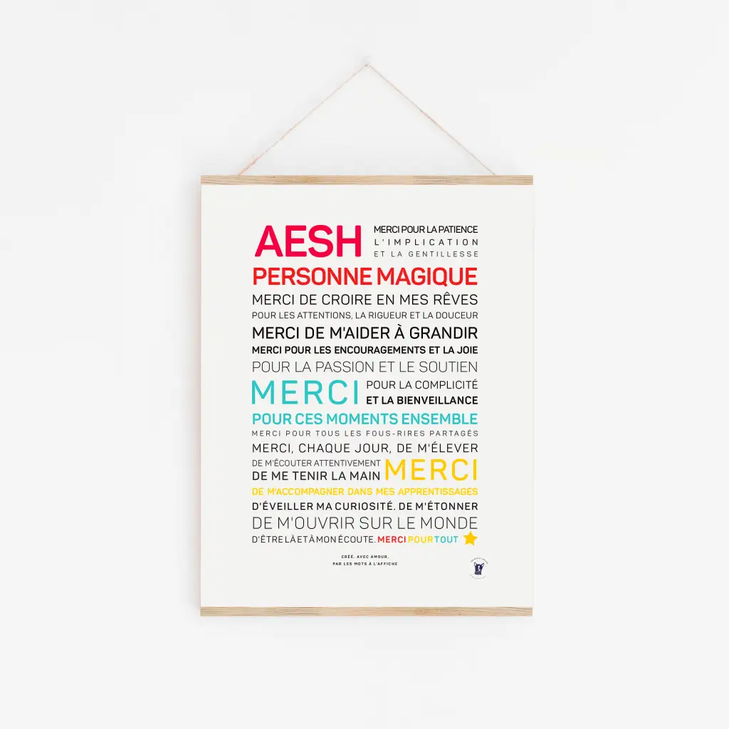 Une affiche blanche intitulée « AES, personne magique (en couleurs) » présente un texte coloré exprimant sa gratitude envers un professionnel du soutien éducatif, une façon réfléchie de le remercier pour son aide et ses conseils.