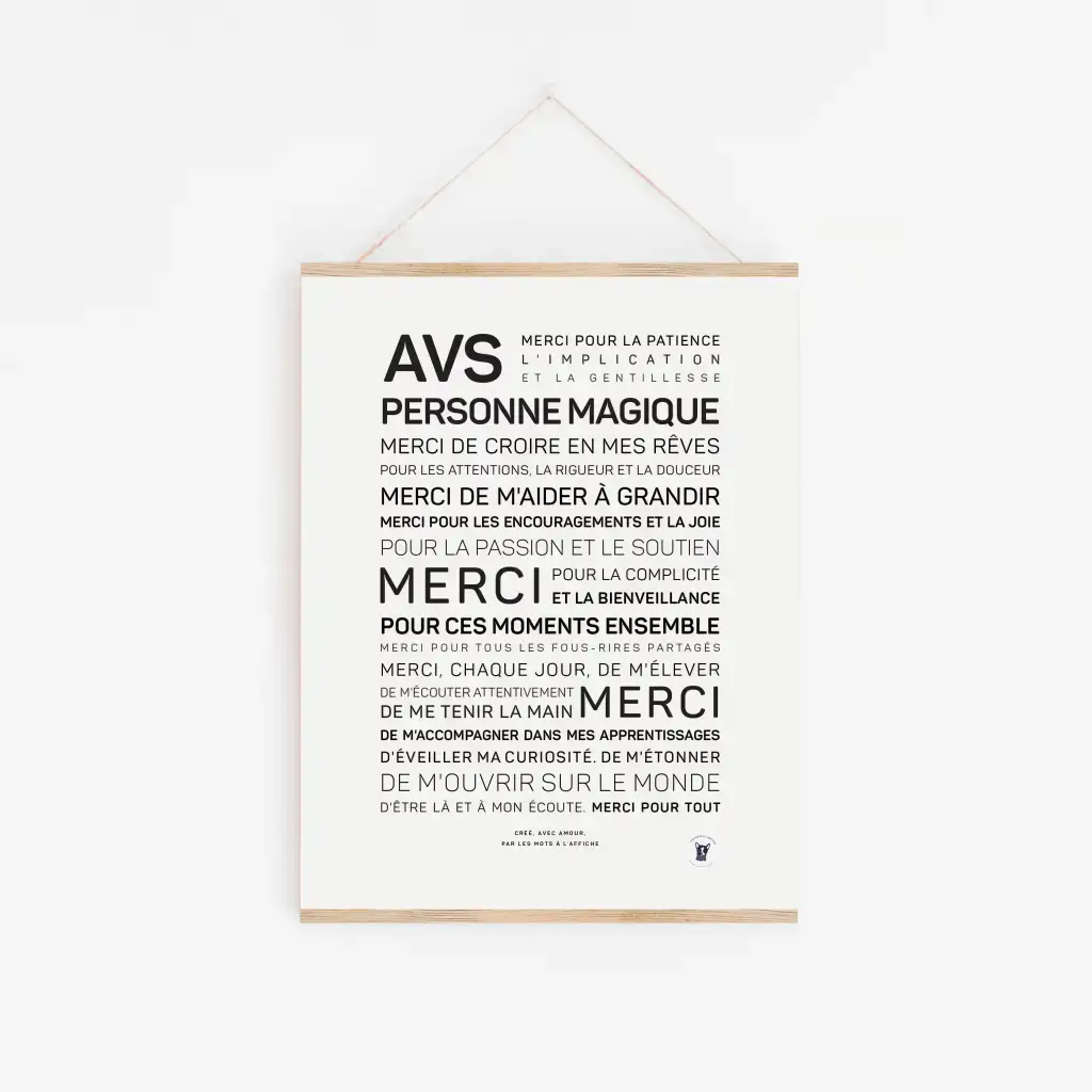 Une affiche blanche intitulée « AVS, personne magique (noir et blanc) » avec un texte français noir exprimant sa gratitude pour le soutien et la gentillesse d'un AVS, une idée cadeau parfaite pour montrer son appréciation, affichée sur un mur blanc.