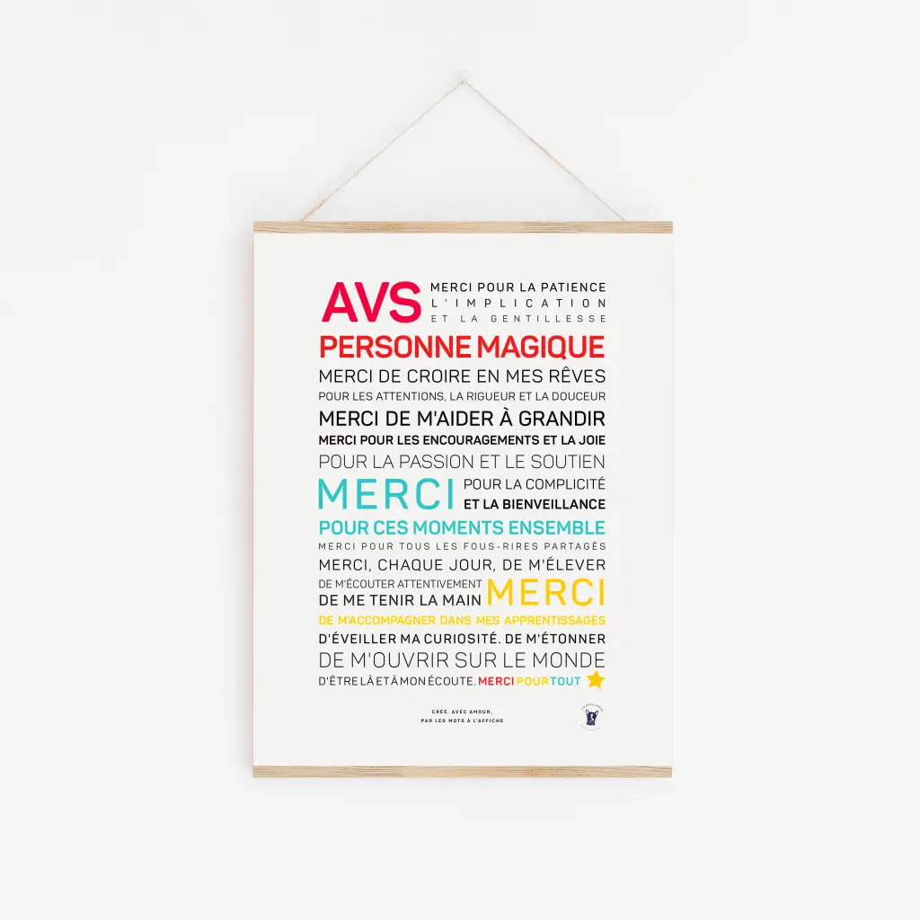 AVS, personne magique (en couleurs)" est une affiche d'appréciation en français avec des textes colorés et gras comme "AVS", "PERSONNE MAGIQUE" et "MERCI" : le cadeau sincère parfait pour dire merci.