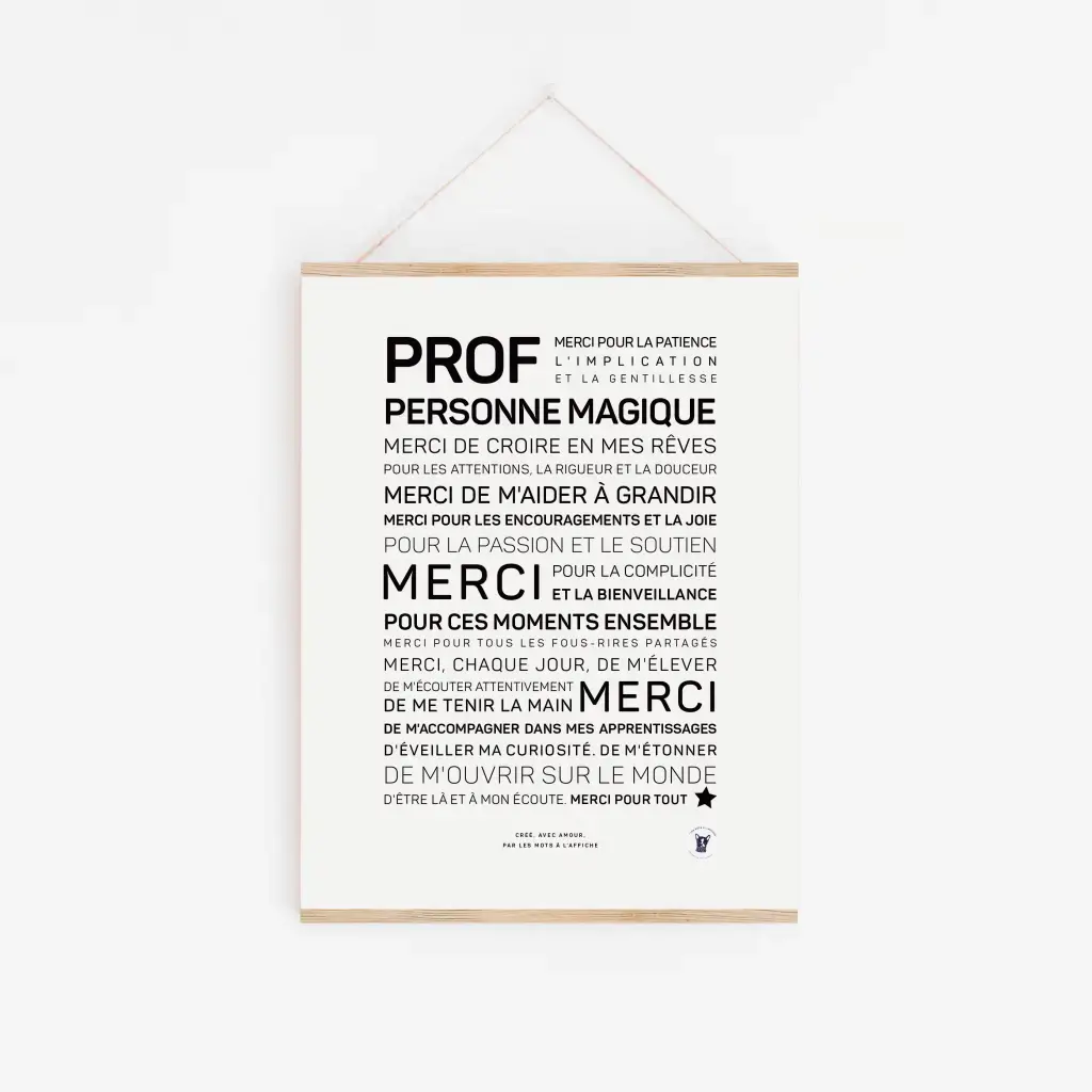 Prof, personne magique (noir et blanc) : affiche encadrée en français, design typographique exprimant la gratitude envers un enseignant pour son soutien—le cadeau parfait pour dire merci à votre prof.