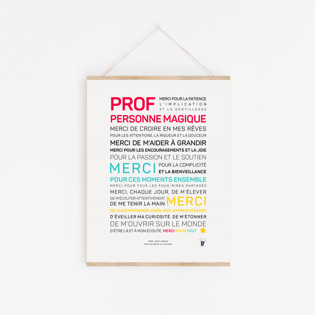 Une impression encadrée en noir et blanc intitulée « Prof, personne magique » avec un texte français exprimant sa gratitude envers les enseignants est suspendue à une ficelle - idée cadeau parfaite ou cadeau attentionné pour tout enseignant.