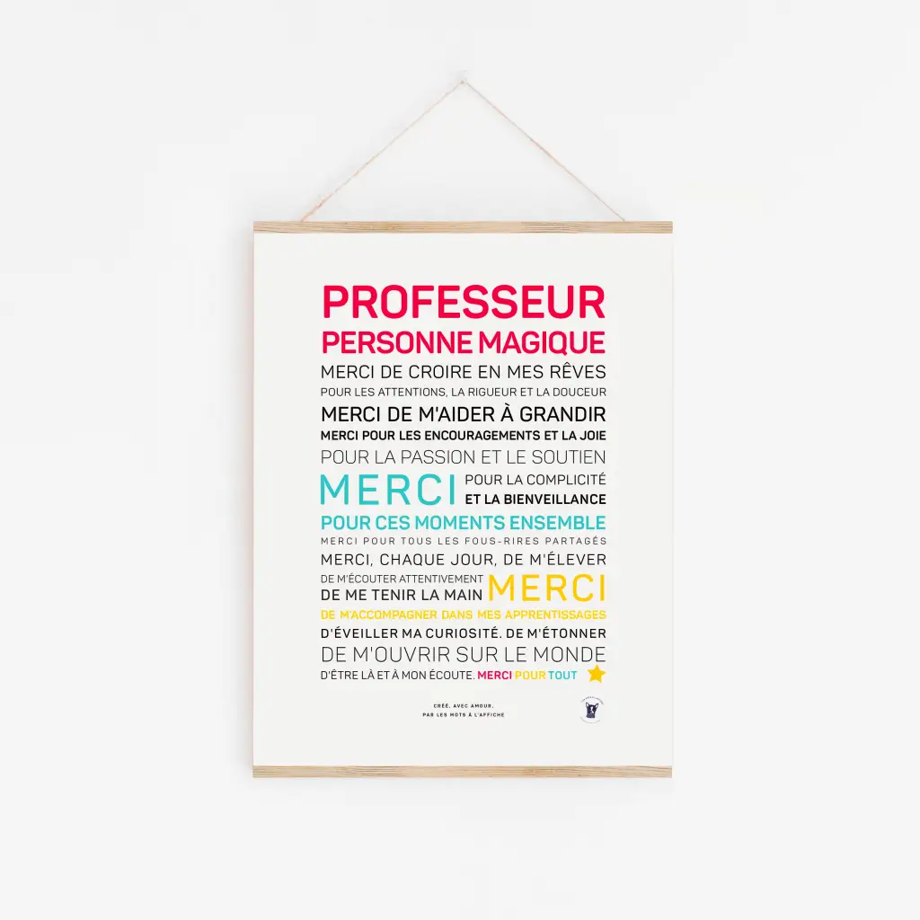 Une impression encadrée intitulée « Professeur, personne magique (couleurs) » présente un texte français coloré remerciant les enseignants — une idée cadeau parfaite pour exprimer sa reconnaissance.