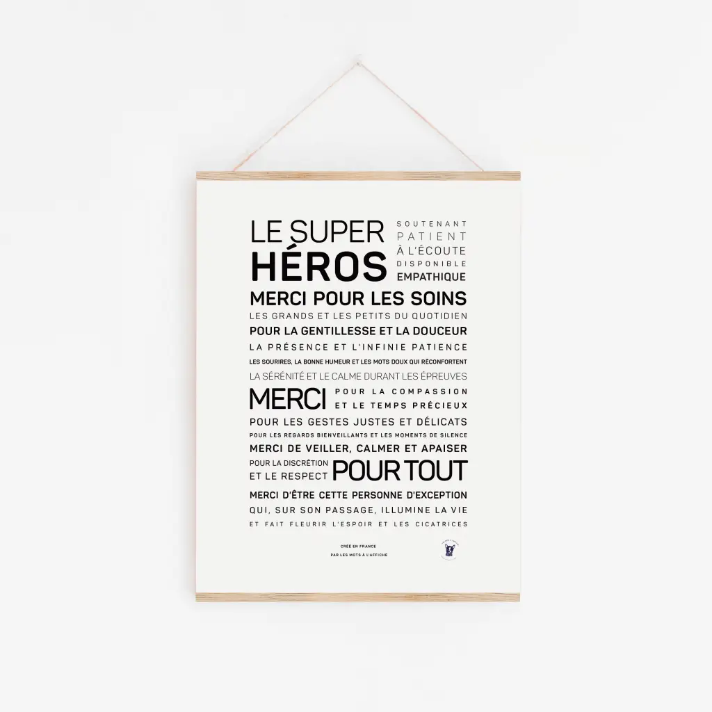 « L'équipe géniale » est une affiche française encadrée avec un texte noir gras et régulier sur fond blanc, remerciant les héros de la santé pour leurs soins, leur soutien et leur gentillesse - une idée cadeau attentionnée et sincère.
