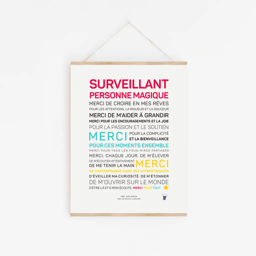 Une affiche d'appréciation encadrée, « Surveillant, personne magique (couleurs) », énumère les qualités d'un Surveillant en texte coloré et gras sur fond blanc : une idée cadeau idéale pour exprimer sa gratitude.