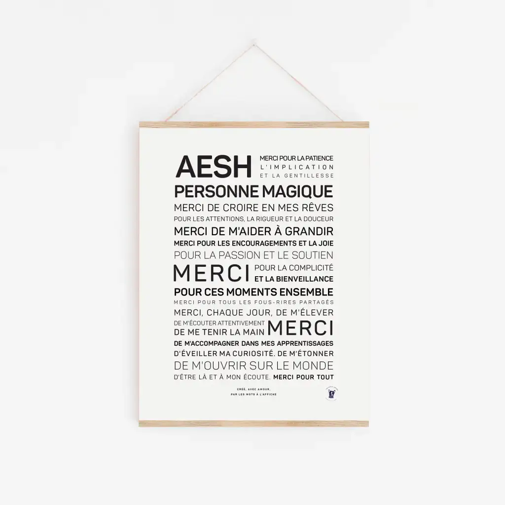 Une affiche colorée intitulée « AES, personne magique » avec un texte français exprimant sa gratitude – un cadeau idéal pour remercier un AES pour son soutien, sa gentillesse, ses encouragements et son aide à la croissance personnelle.