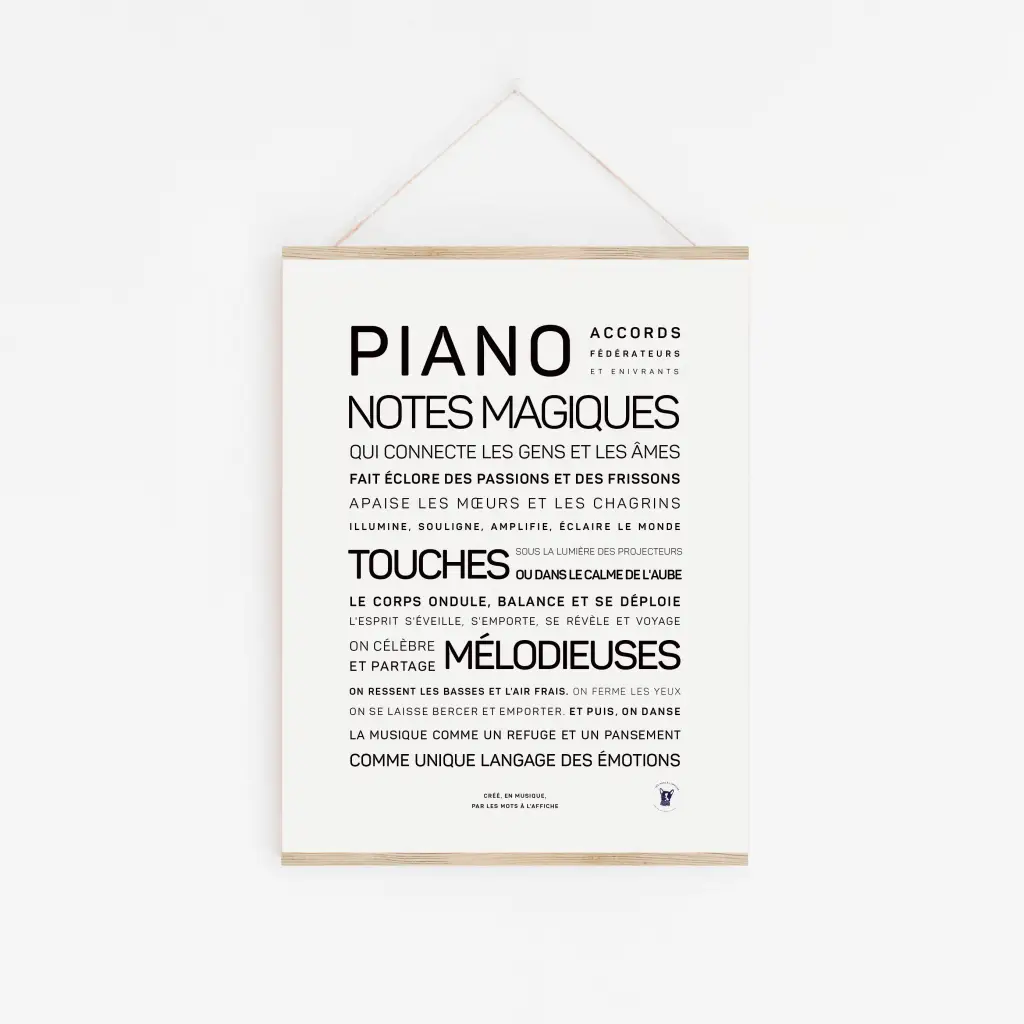 « Piano, notes magiques » — une affiche française célébrant les notes et mélodies magiques du piano, imprimée en noir sur blanc et parfaite pour les murs des mélomanes.