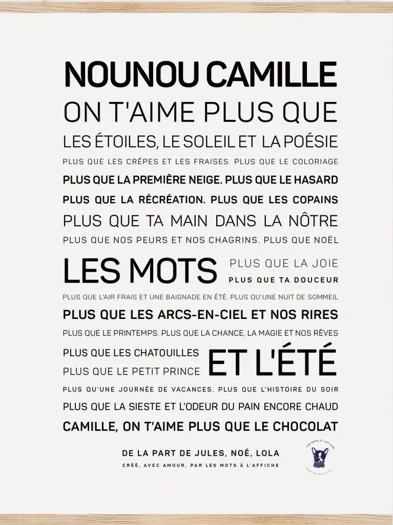 Affiche textuelle « NOUNOU CAMILLE » avec des mots d'amour sincères : étoiles, été, rires et doux moments, signée Jules, Noé et Lola. Une affiche cadeau idéale pour chérir des souvenirs précieux.