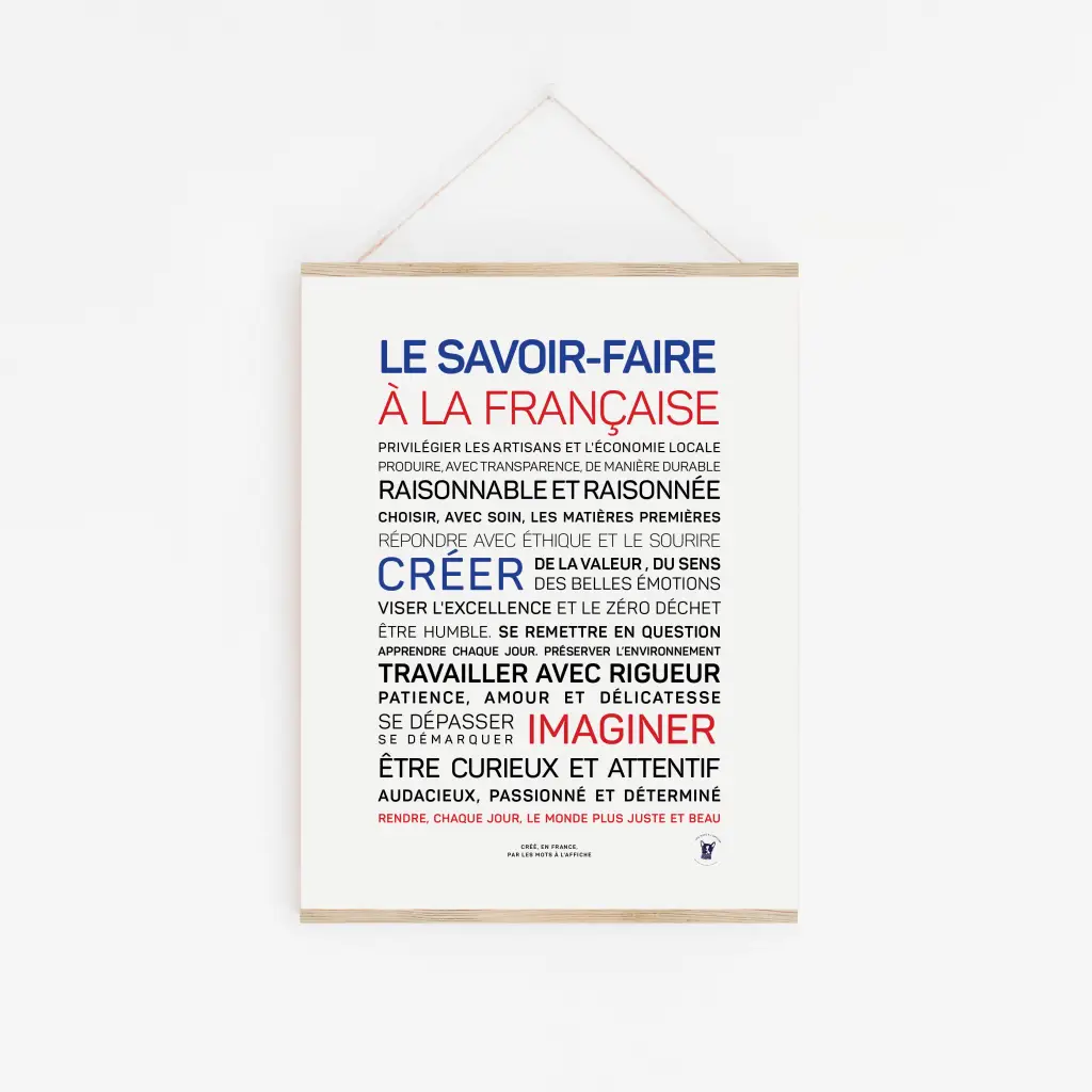L'affiche « Savoir-faire à la française (couleurs) » présente un texte français en bleu, rouge et noir, célébrant l'artisanat, la créativité, l'imagination et la curiosité - une idée cadeau unique pour les amateurs d'art.