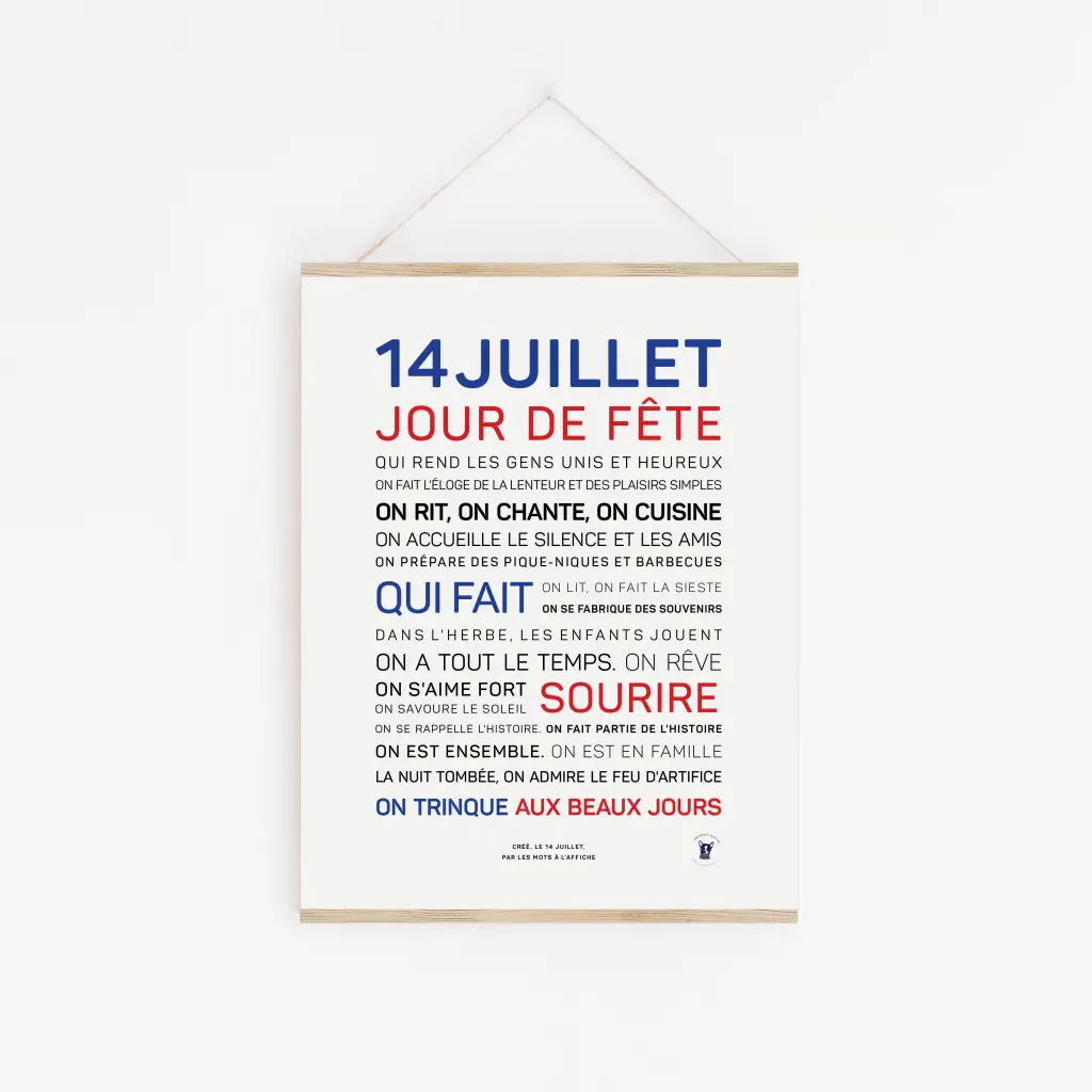 L'affiche « 14 juillet, jour de fête (couleurs) » présente un texte français en bleu, rouge et noir festif, parfait comme affiche cadeau ou idée cadeau pour célébrer le 14 juillet et les traditions françaises.