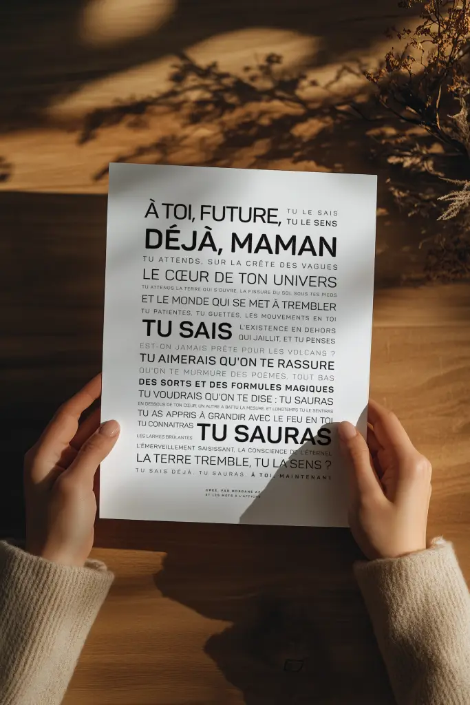 Affiche “À toi, future déjà maman” tenue entre deux mains, texte noir sur fond blanc, message de soutien pour femme enceinte, lumière douce sur bois naturel.