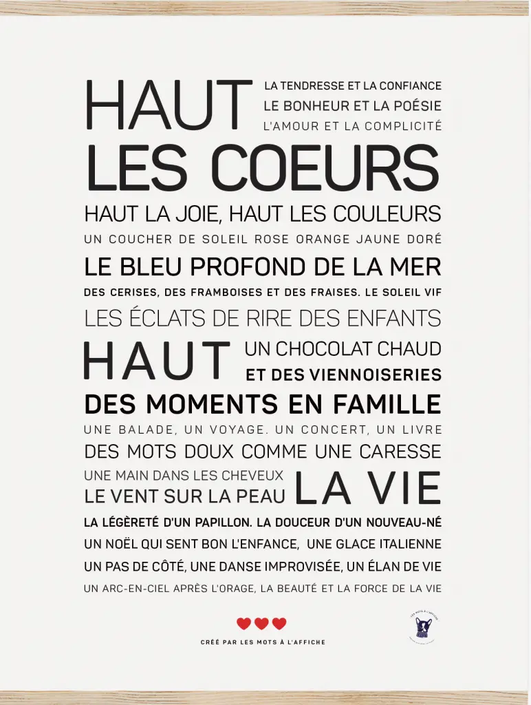 Affiche présentant des mots et des phrases en français sur le bonheur, la famille et les plaisirs de la vie, avec des polices vibrantes mettant en valeur les expressions clés - une idée cadeau parfaite ou une affiche cadeau pour tous ceux qui aiment la décoration inspirante.