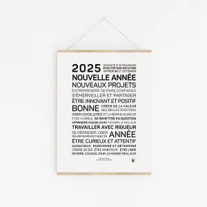 Affiche minimaliste "2025, nouveaux projets" avec des mots de motivation en français — positivité, innovation, curiosité, croissance — en noir sur blanc. Idéal comme cadeau affiche pour inspirer toute l'année.