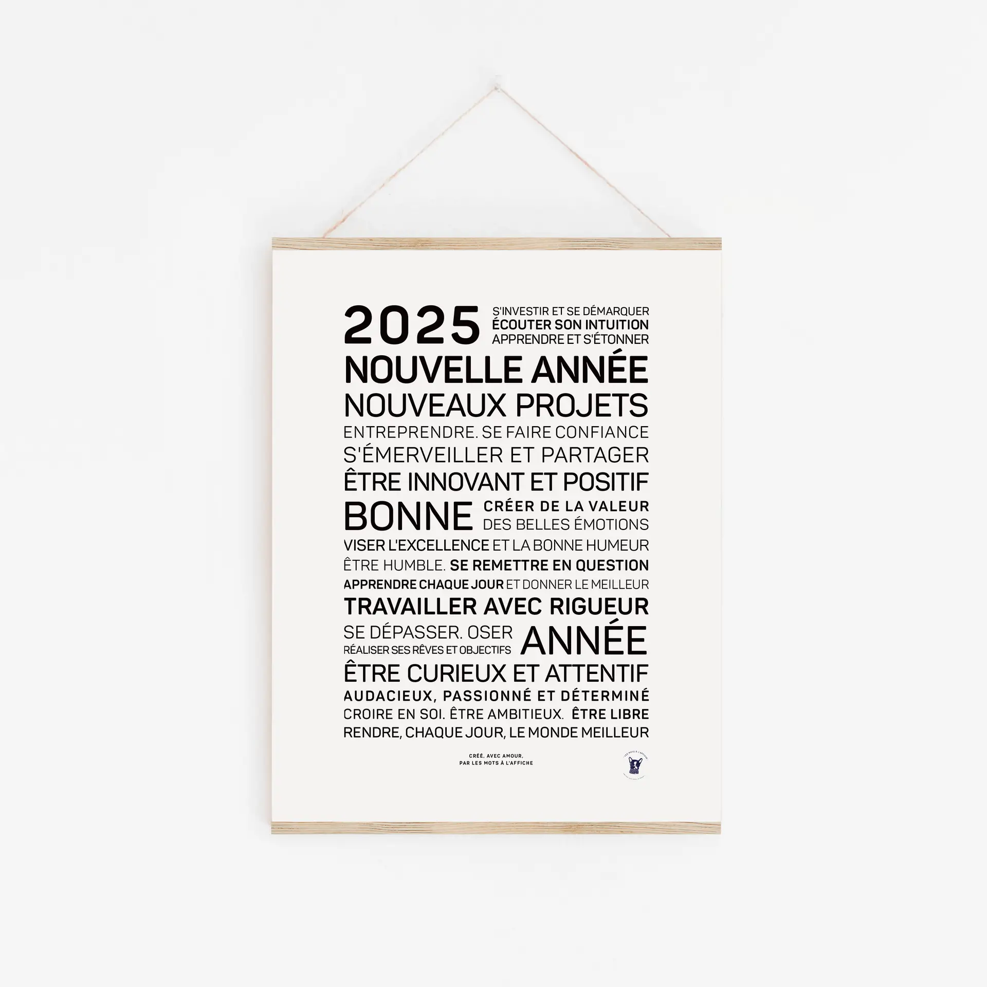 Affiche minimaliste "2025, nouveaux projets" avec des mots de motivation en français — positivité, innovation, curiosité, croissance — en noir sur blanc. Idéal comme cadeau affiche pour inspirer toute l'année.
