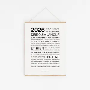 Affiche blanche intitulée "2025, dire oui à l'amour" avec texte français en noir, comportant des affirmations et des réflexions sur l'amour, la gentillesse et la vie.