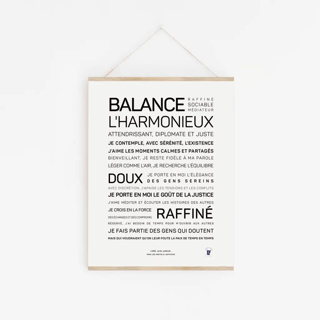 « Balance », une affiche minimaliste présentant du texte français dans des polices élégantes, capture les qualités harmonieuses et raffinées de la Balance - un cadeau idéal pour ceux qui aiment la décoration sophistiquée.