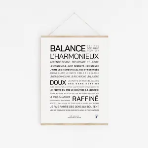 « Balance », une affiche minimaliste présentant du texte français dans des polices élégantes, capture les qualités harmonieuses et raffinées de la Balance - un cadeau idéal pour ceux qui aiment la décoration sophistiquée.