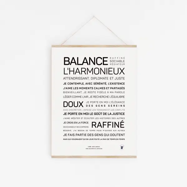 « Balance », une affiche minimaliste présentant du texte français dans des polices élégantes, capture les qualités harmonieuses et raffinées de la Balance - un cadeau idéal pour ceux qui aiment la décoration sophistiquée.