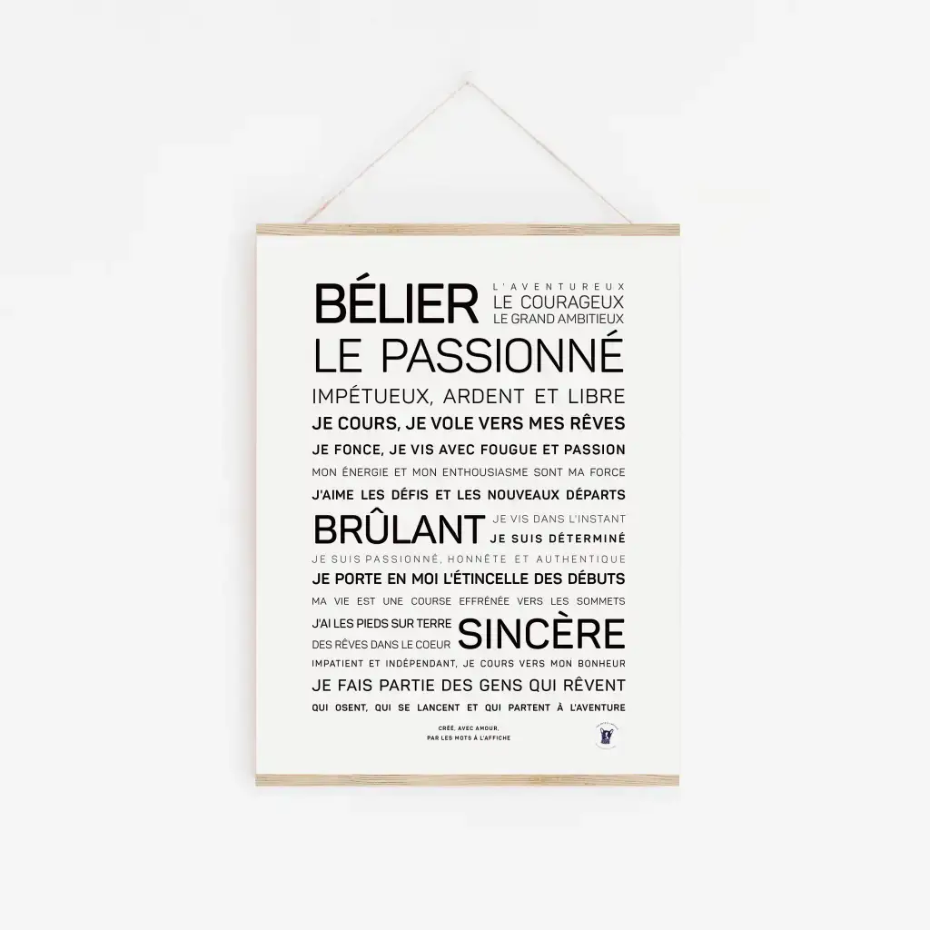 Affiche murale minimaliste "Bélier" : texte français en noir décrivant la passion, l'aventure, le courage, la sincérité et la détermination des natifs Bélier. Idée cadeau parfaite pour les fans d’astrologie.