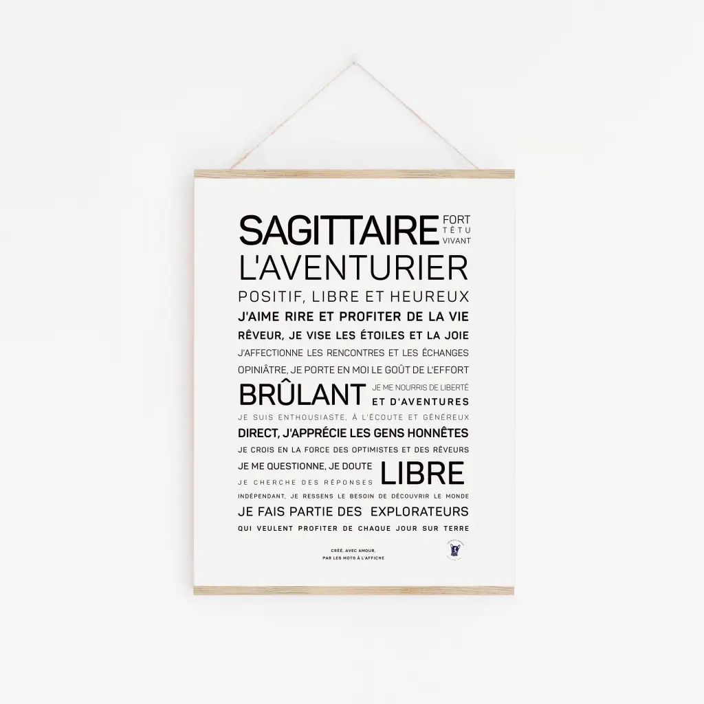 Sagittaire : une affiche minimaliste avec un texte français sur les traits du Sagittaire – optimisme, aventure, joie, liberté, exploration – en gras noir sur blanc ; une idée cadeau chic pour les fans d'astrologie.