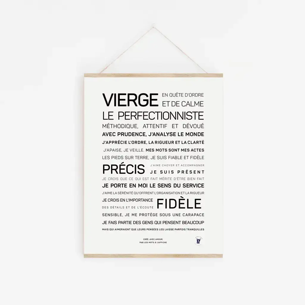 Une affiche blanche intitulée « Vierge » est accrochée au mur, affichant un texte français sur les traits de la Vierge – perfectionnisme, précision, fidélité et sensibilité – ce qui en fait un cadeau idéal pour les passionnés d'astrologie.