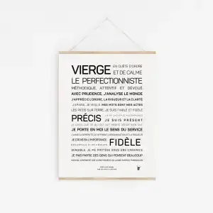 Une affiche blanche intitulée « Vierge » est accrochée au mur, affichant un texte français sur les traits de la Vierge – perfectionnisme, précision, fidélité et sensibilité – ce qui en fait un cadeau idéal pour les passionnés d'astrologie.