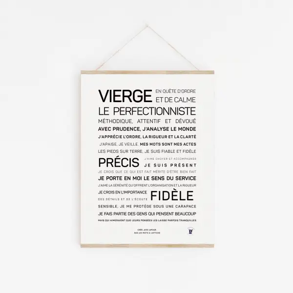 Une affiche blanche intitulée « Vierge » est accrochée au mur, affichant un texte français sur les traits de la Vierge – perfectionnisme, précision, fidélité et sensibilité – ce qui en fait un cadeau idéal pour les passionnés d'astrologie.