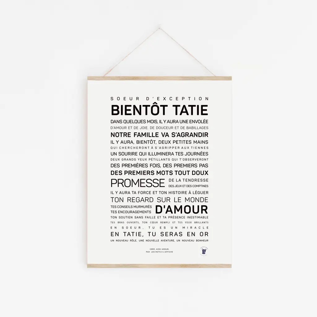 Annoncez la joie de devenir tante avec l'affiche murale blanche « Bienôt tatie » avec texte en français — une idée cadeau parfaite pour les futures tantes, capturant toute l'excitation et les moments spéciaux à venir.