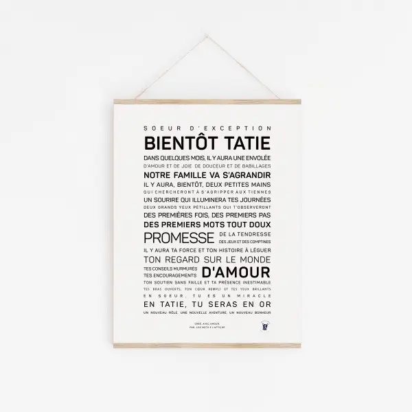 Annoncez la joie de devenir tante avec l'affiche murale blanche « Bienôt tatie » avec texte en français — une idée cadeau parfaite pour les futures tantes, capturant toute l'excitation et les moments spéciaux à venir.