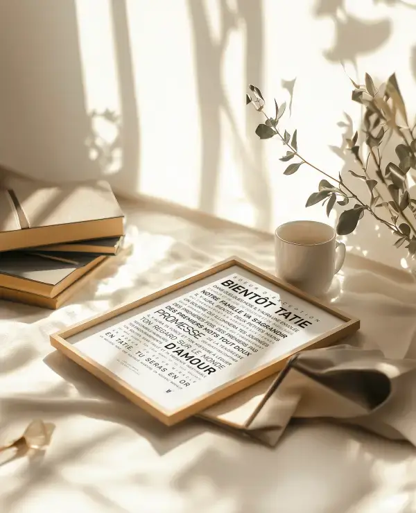 Affiche “Bientôt Tatie” posée sur une table en bois avec tasse et livres, lumière naturelle douce, idée cadeau annonce de grossesse pour future tante.