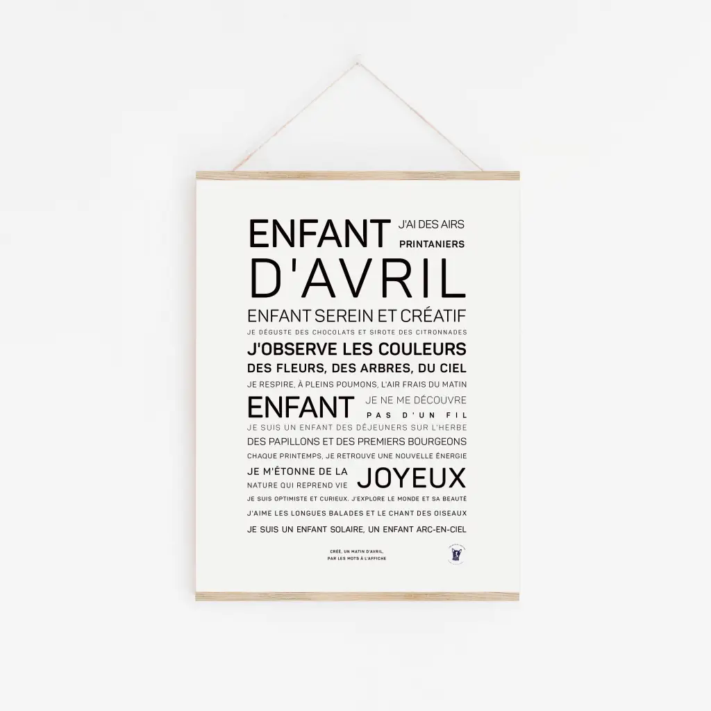 Enfant d’avril : poster minimaliste en français sur les traits des natifs d’avril, suspendu par une ficelle sur fond blanc—parfait comme cadeau de naissance ou d’anniversaire.