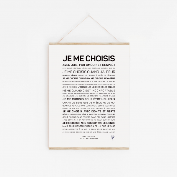 Une affiche de motivation française encadrée "Je me choisis" énumérant des affirmations d'acceptation de soi et d'amour, affichée sur un mur blanc.
