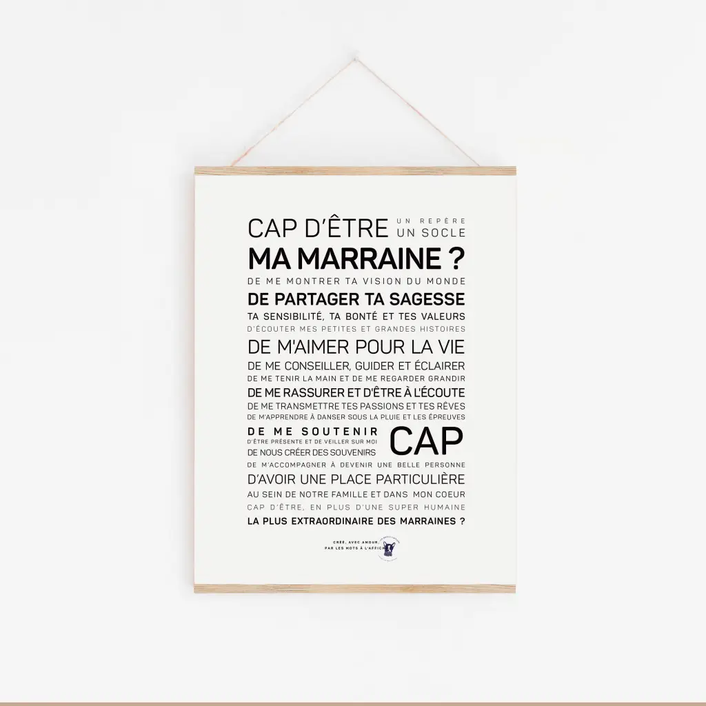 Enfant de mai : Un texte français encadré imprimé en gras noir sur blanc demande à quelqu'un d'être marraine, célébrant les conseils, la sagesse et le soutien - une idée cadeau parfaite pour ce moment spécial.