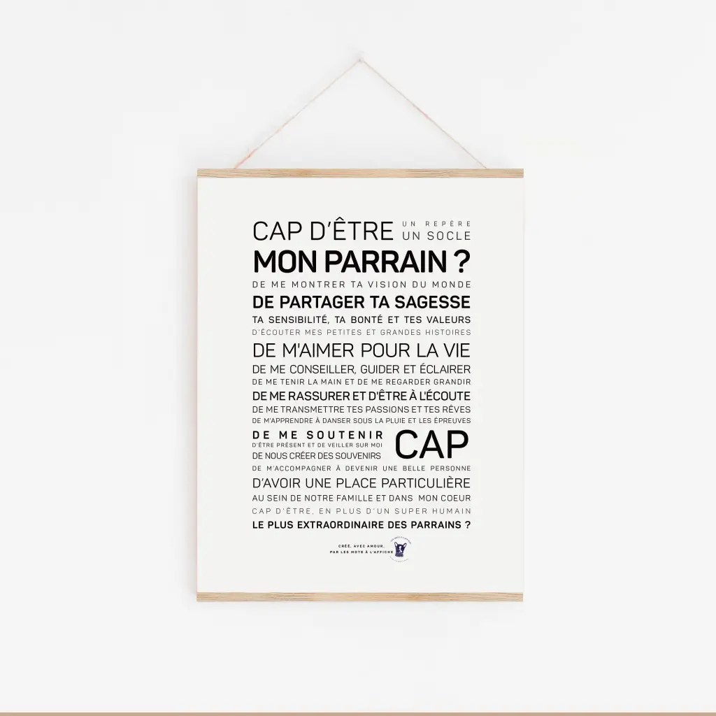 L'impression encadrée du texte français « Enfant de mai » est accrochée sur un mur blanc, reflétant ce que signifie être un parrain - partager la sagesse, les conseils et le soutien - une idée cadeau attentionnée pour toute occasion spéciale.