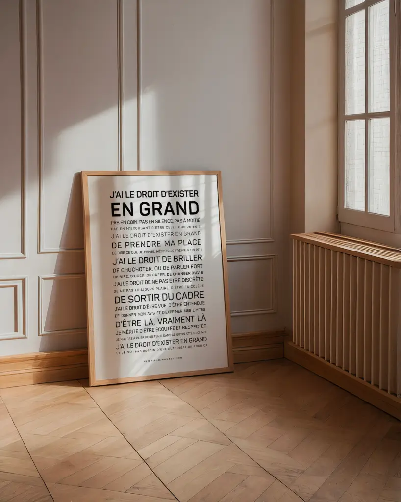 L'affiche de motivation française encadrée "Tu mérites un amour" est posée contre un mur blanc dans une pièce ensoleillée avec du parquet et un radiateur.