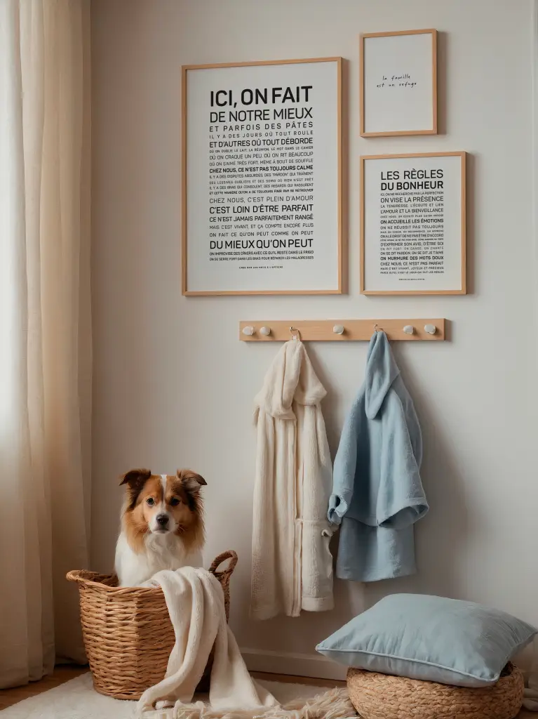 Un chien est assis dans le panier en osier Tu mérites un amour, sous un mur où se trouvent des gravures encadrées et une étagère contenant deux peignoirs ; un autre panier avec un coussin se trouve à proximité.